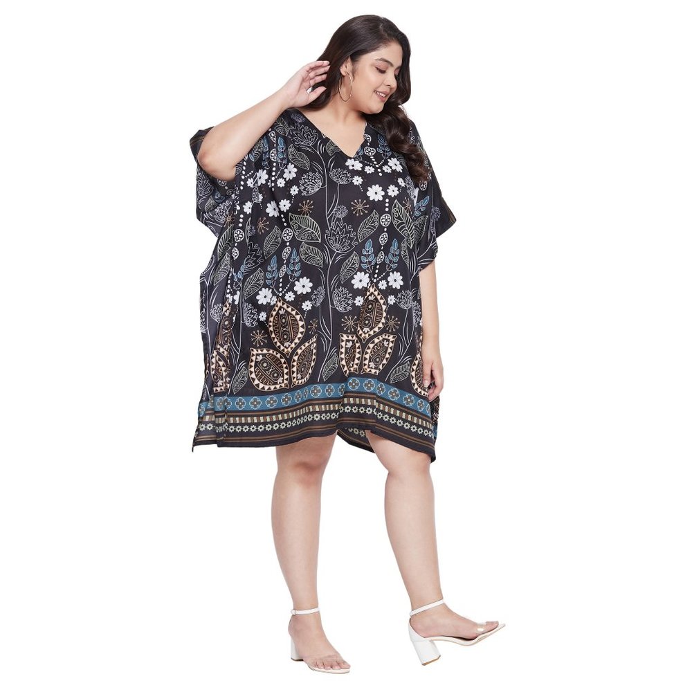 Black Floral Short Kaftan Knee Length Tunic Beach Summer Wear Beach Cover-Up - Picture 3 of 9